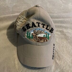 Vintage 90s Seattle Cap Elk Embroidered Baseball Hat Tan Adjustable Strapback WA